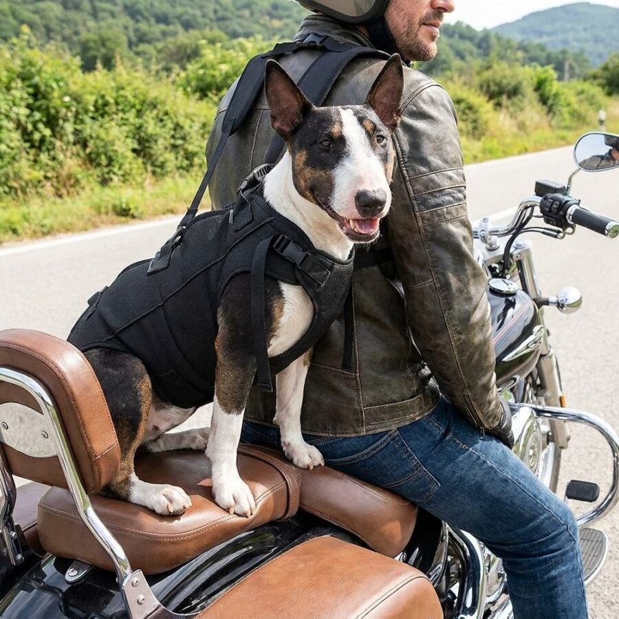 Bull-terrier noir et blanc langue pendante, harnais noir sur le dos d'un motard en veste cuir assis sur une selle marron