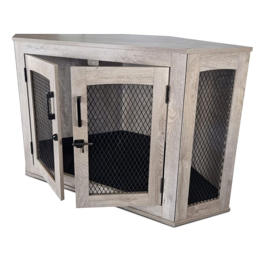 Cage d'angle pour chien 109 cm – Acier carbone, plateau en bois