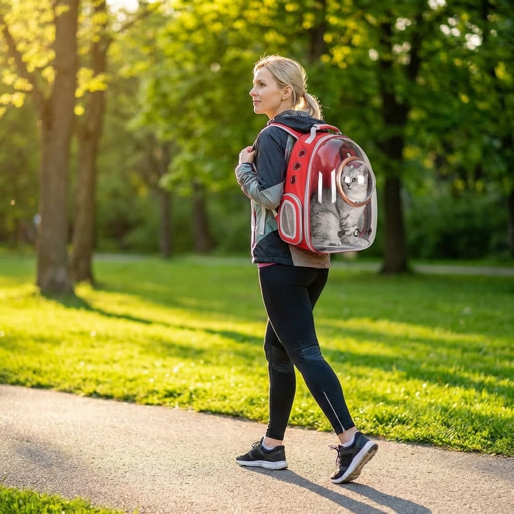 Sac à Dos Transport Chat Transparent avec 9 Aérations – Oxford en rouge dans un parc