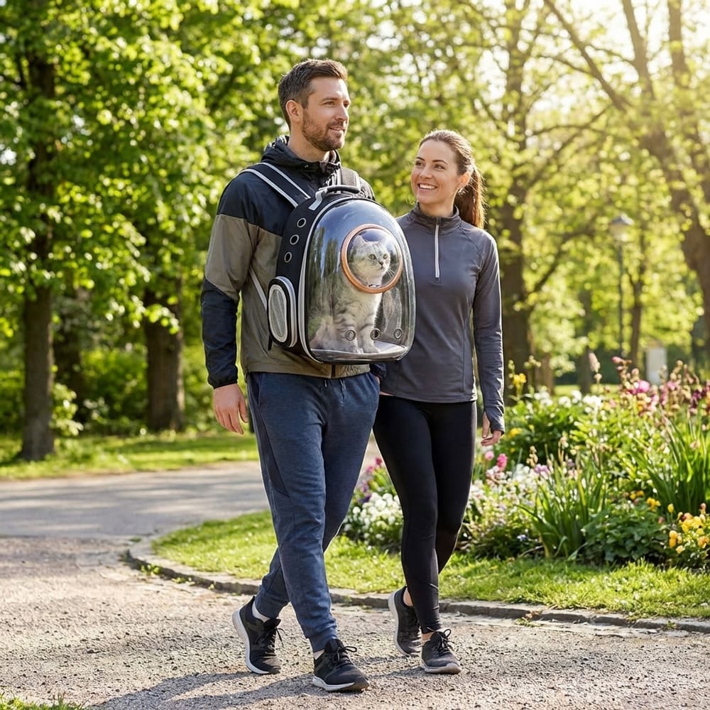 Sac à Dos Transport Chat Transparent – Oxford en noir - couple se balade dans un parc