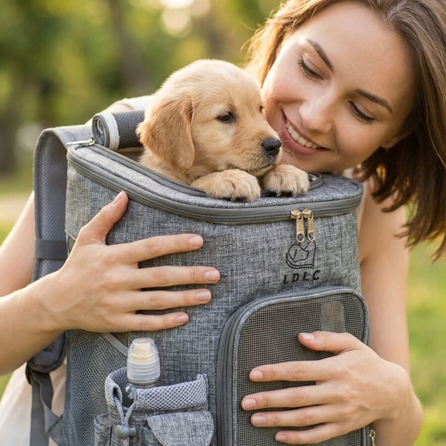 Femme souriante serrant un sac à dos gris, d'où dépasse un chiot golden retriever, dans un parc ensoleillé