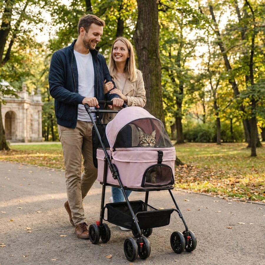 Poussette rose portée par un couple dans un parc en automne, un chat tigré regardant par la capote ouverte