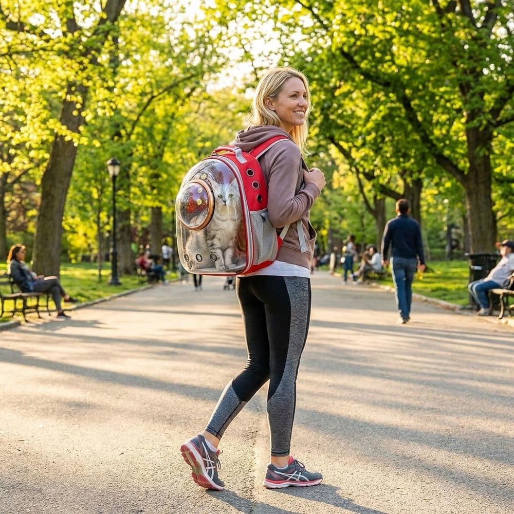 Sac à Dos Transport Chat Transparent– Oxford en rouge dans un parc au dos femme blonde