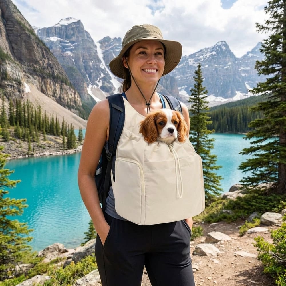 Sac Transport Ventral blanc avec un Chien en montagne femme au chapeau