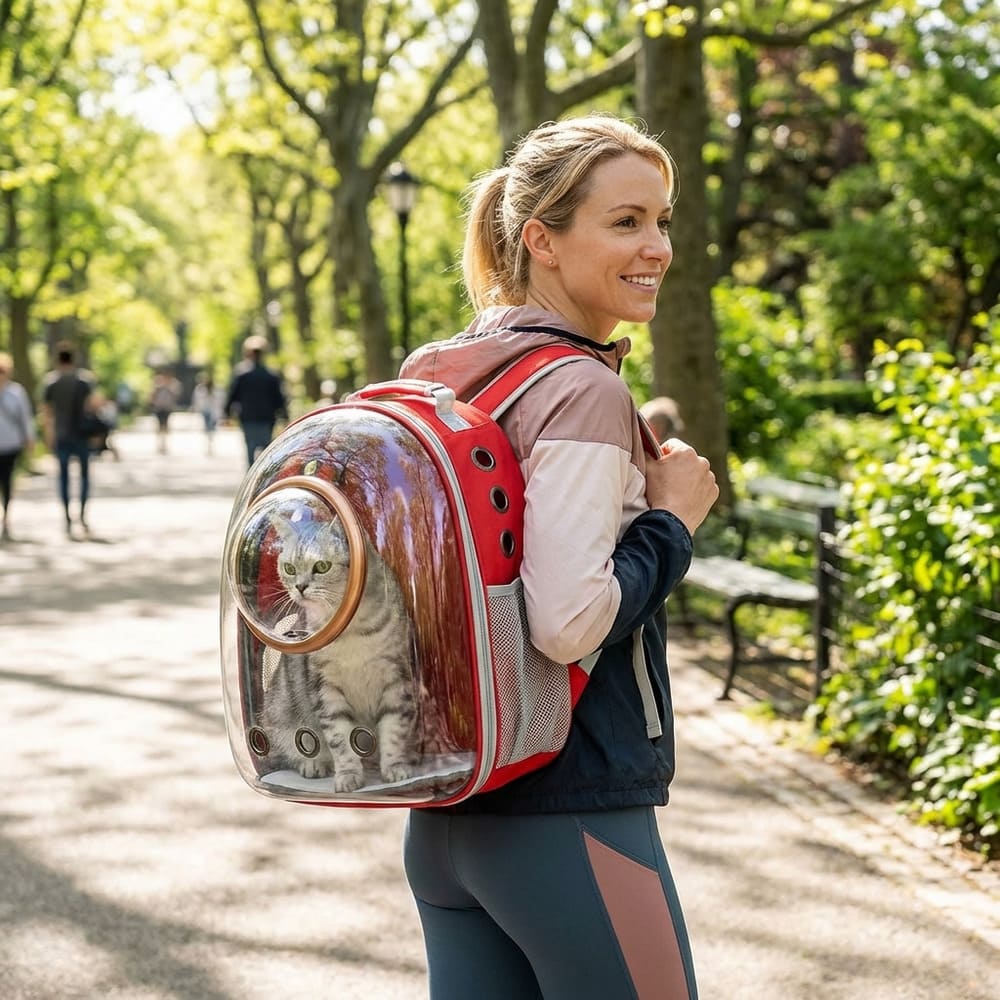 Sac à Dos Transport Chat Transparent– Oxford en rouge dans un parc au dos femme blonde promenade
