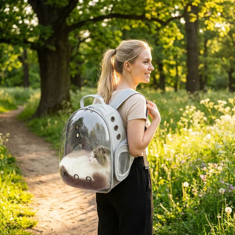 jeune fille blonde se promenant sous bois avec chat dans sac hublot gris