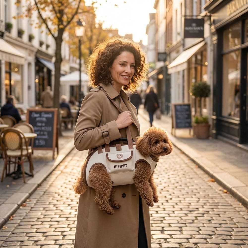 Sac Transport Chien marron - dans une rue avec une femme