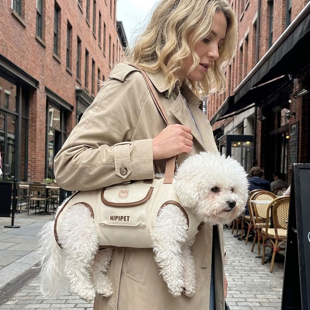 Transportin bandoulière chien couleur marron, sac crossbody avec harnais intégré