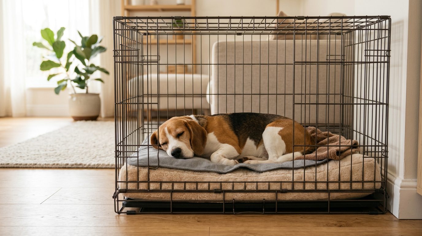 Chien détendu dans une cage de transport confortable avec tapis
